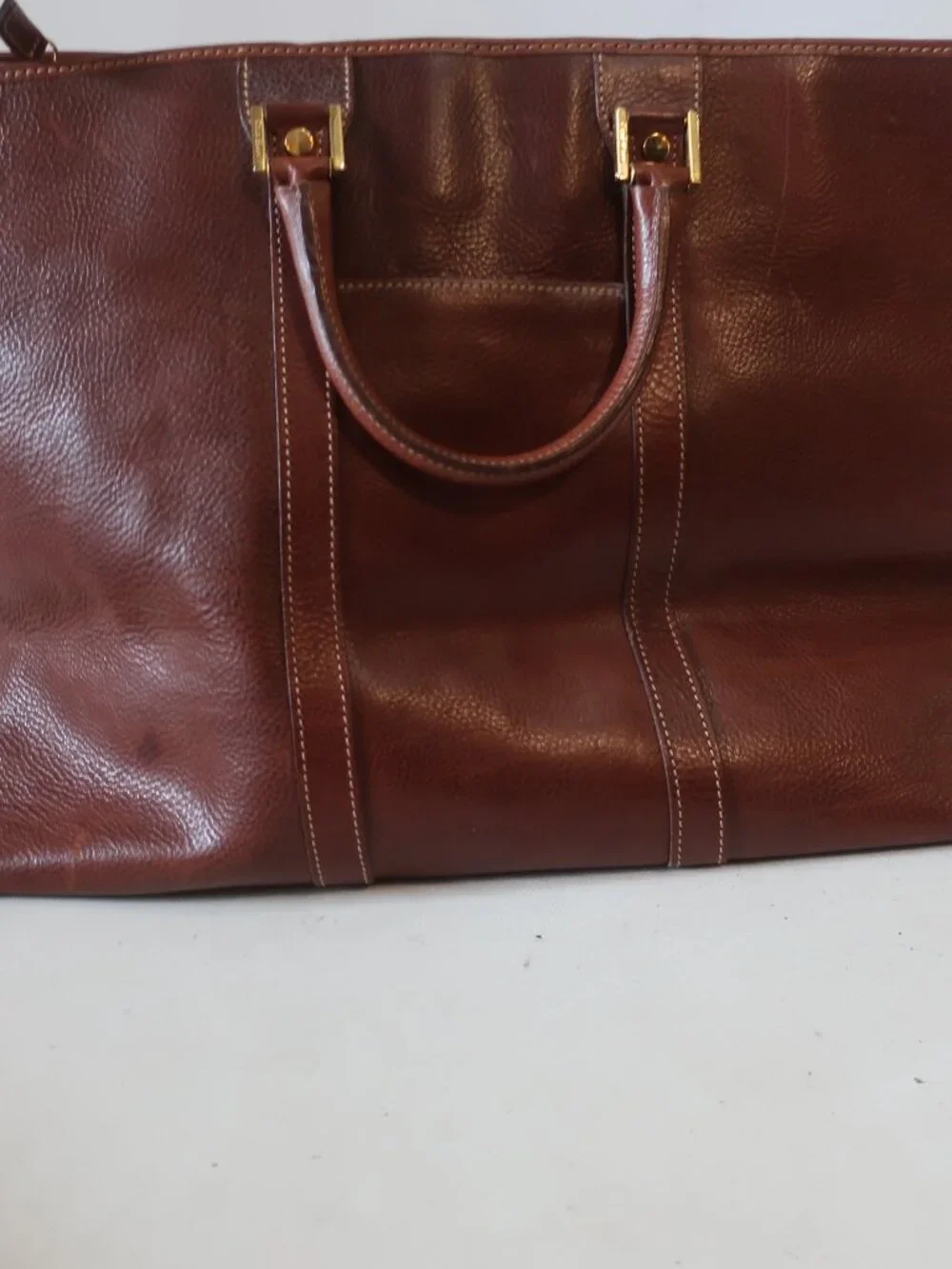 Mens Cole Haan Brown Pebbled Leather Vintage Weekender Duffel Travel Bag